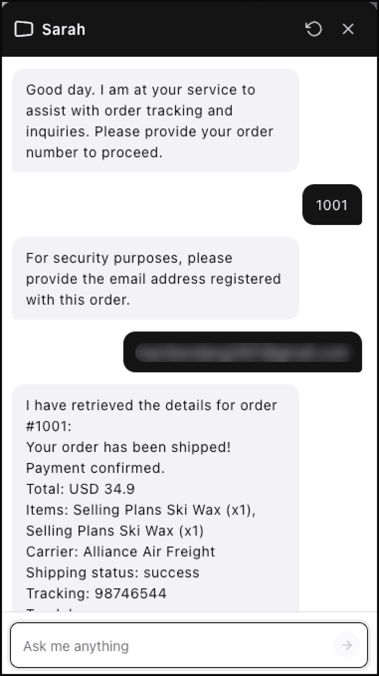 Order number, email verification, and verified order details in Lumen