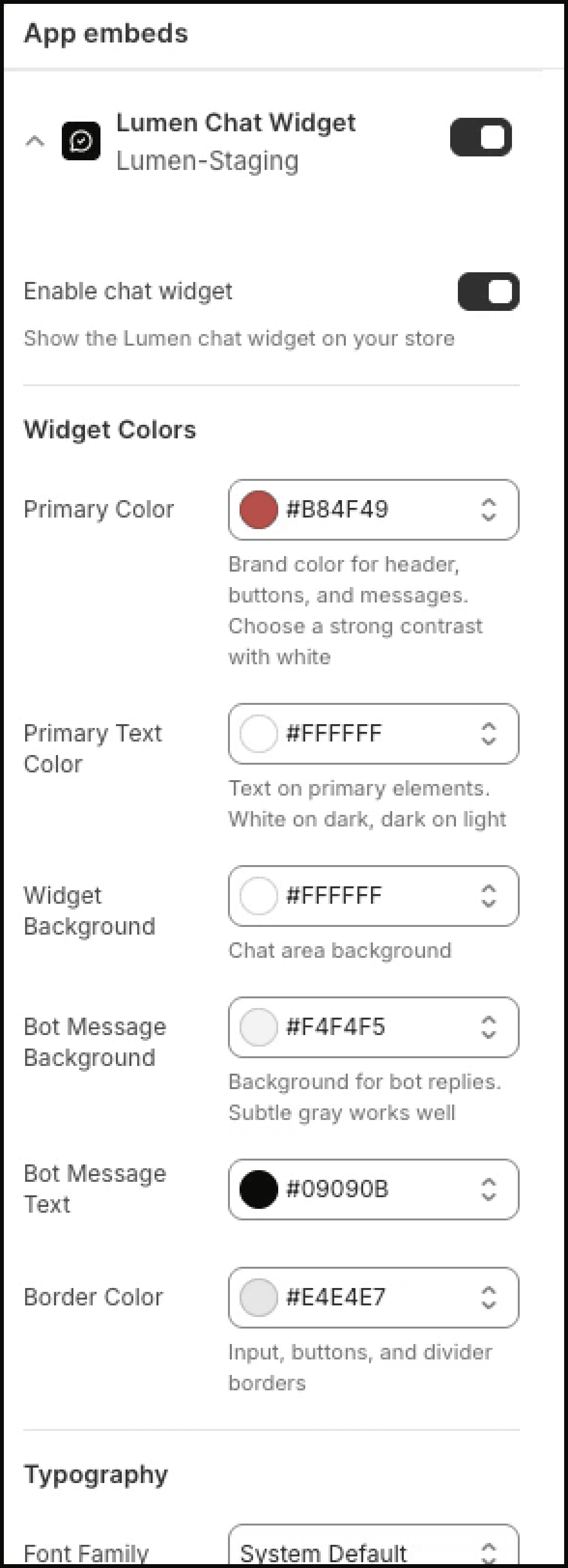 Lumen Chat Widget app embed enabled in the Shopify Theme Editor